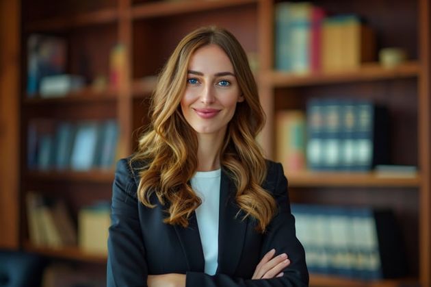 Kütüphane önünde gülümseyen danışman